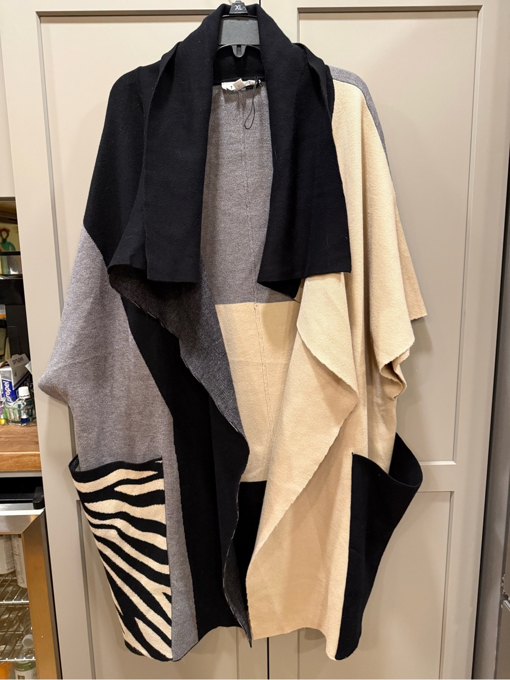 THML Colorblock Open-Front Draped Cardigan in Black, Gray & Cream